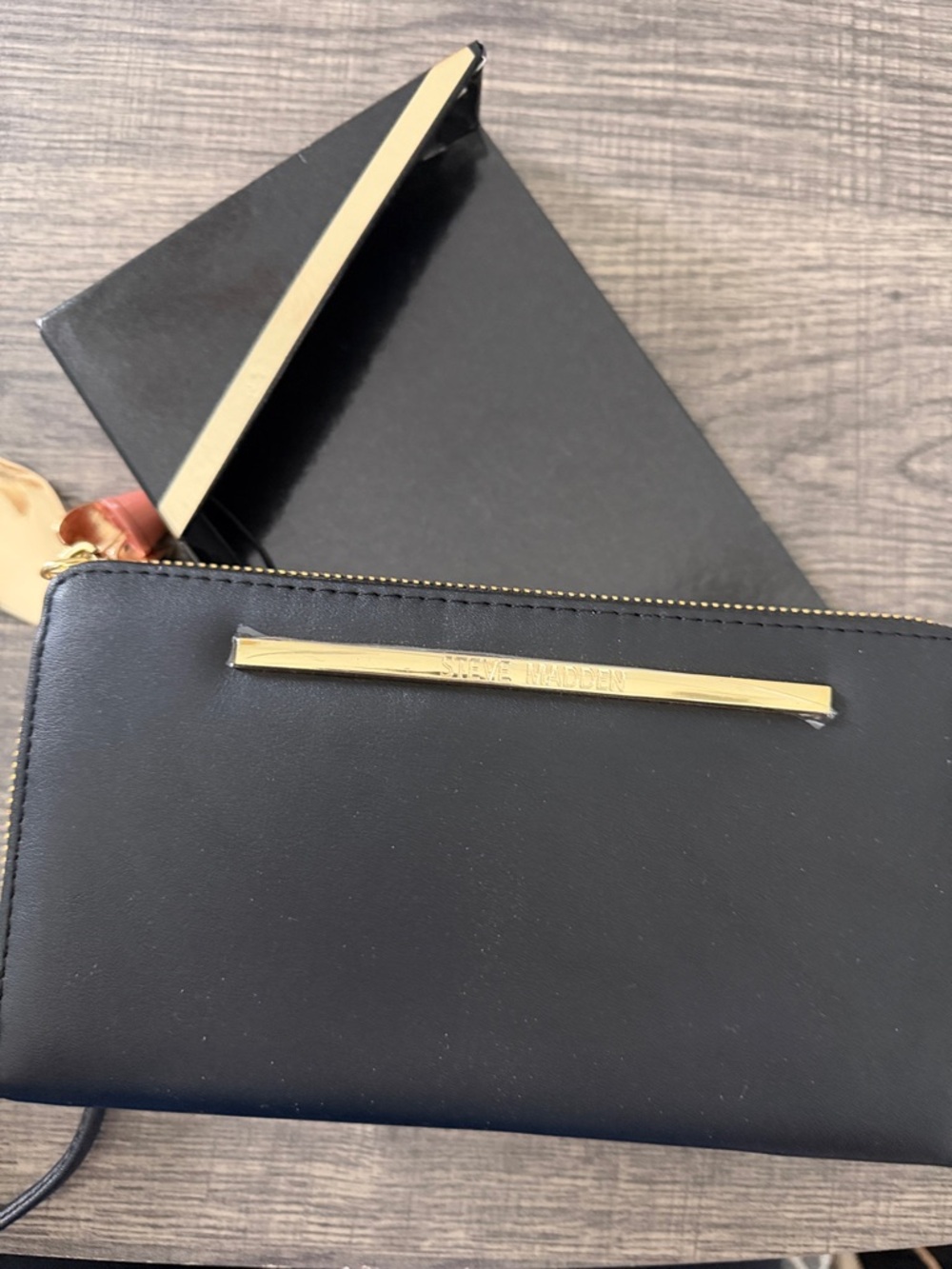 Steve Madden Black Wallet with Gold Bar Accent